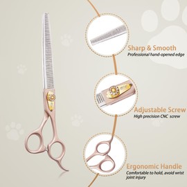 Stjuo Professional Dog Grooming Scissors Rose Gold 440C Stainless Steel Straight Thinning Curved Chunker Shears for Pet Grooming Services Dogs and Cats (Thinning, 7‘’)