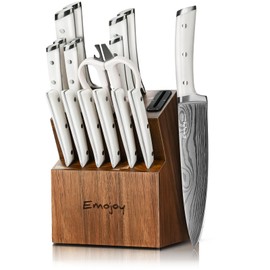 Knife Set, Emojoy 18-Pieces Kitchen Knife Set With Wooden Block, German Stainless Steel Knife Block Set With Built-In Sharpener, Professional Sharp Knives Set for Kitchen,White