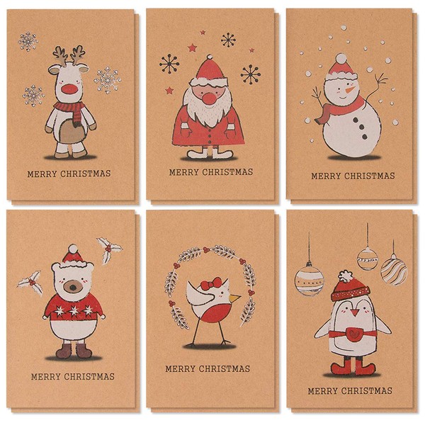 36 Pack Kraft Merry Christmas Greeting Cards with Envelopes, 6 Holiday Yuletide Character Designs (4x6 In)