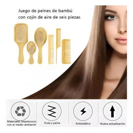 Kit De Cepillo Y Peine De Bambú Anti Frizz, 6 Piezas