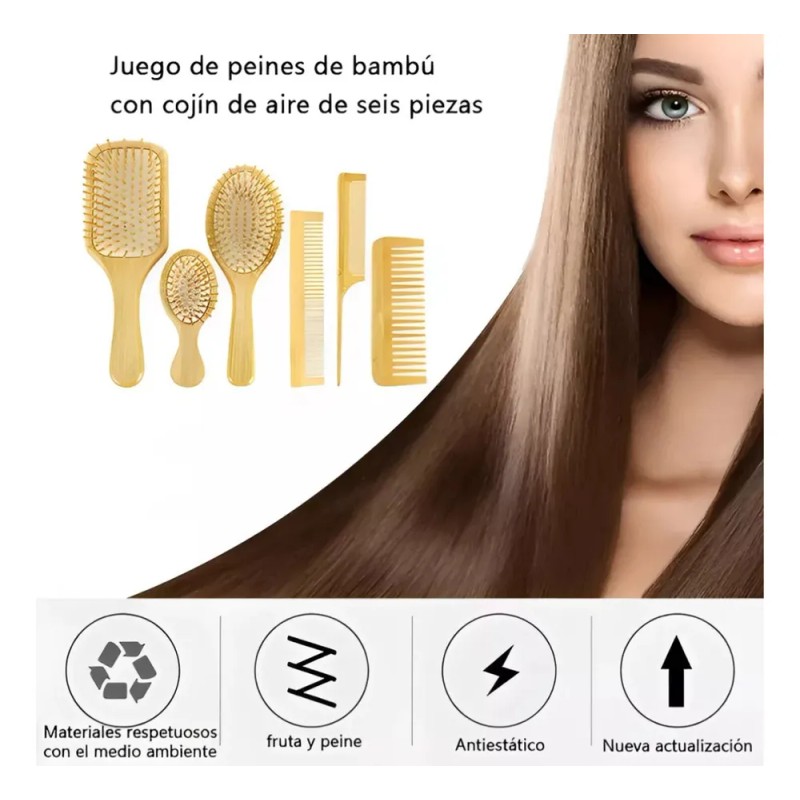 Kit De Cepillo Y Peine De Bambú Anti Frizz, 6