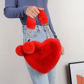 Women Heart Shape Handbag Cute Fluffy Party Evening Clutch Fuzzy Ball Purse (Red, One size)