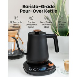 Vianté Electric Gooseneck Kettle with Precise Temperature Control. Pour Over Coffee & Tea Kettle. Boil-Dry Protection & Keep Warm Function. Stainless Steel, BPA-Free. Includes V60#2 Filters. 0.8L