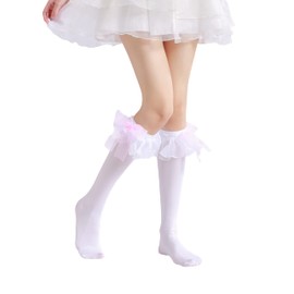 Sahabowi Pink Bow Calf Socks For Women, Nylon High Knee Stockings, Elastic Stretch Thin(HS2023042414white, 1pair)