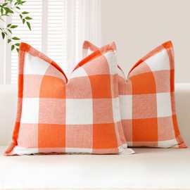 OTOSTAR Pack of 2 Gingham Buffalo Check Plaid Decorative Throw Pillow Covers Linen Christmas Tartan Lumbar Pillow Covers with Stitched Edge Farmhouse Pillow Cases for Sofa 18x18 Inch, Orange and White