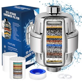 Filtro de Agua para Regadera, 25 Etapas Filtro de Ducha Agua con 2 Cartuchos Reemplazables, Purificador de Agua Dura para Elimina Cloro/Impurezas y Olores, Reducir la Piel Seca y la Caspa