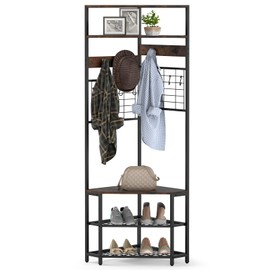 Giantex Corner Hall Tree, 73" Tall Coat Rack w/Shoe Storage Bench, 12 Metal Hooks, 5-Tier Entryway Shoes Shelf Organizer, Freestanding Clothes Rack for Living Room, Bedroom (Rustic Brown & Black)