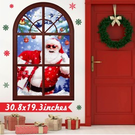 Large Merry Christmas Wall Decals Funny Santa Claus Stickers 3D Xmas Fake Window Wall Decals Peel and Stick Reindeer Snowflakes Winter Wall Stickers for Kids Room Living Room Party Supplies Gift Decor