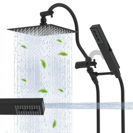 Hibbent All Metal cUPC Certified Shower Head, 8'' High Pressure Rainfall Showerhead Combo, Handheld Shower Wand, 12'' Adjustable Extension Arm, 4-Spray, 71'' Hose, Brass Shower Holder, Matte Black