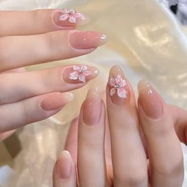 Flower Press on Nails Nude Pink Almond Fake Nails 3D Flowers with Rhinestones Pearl Design False Nails Acrylic Artificial Glossy Glue on Nail Summer Stick on Nail for Women Salon Manicure Decoration