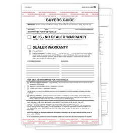 Buyers Guide Car Dealers - Self Adhesive As/is Warranty Form - 2 Part - New Version with Lines - 100 per Pack - Shrink Wrapped