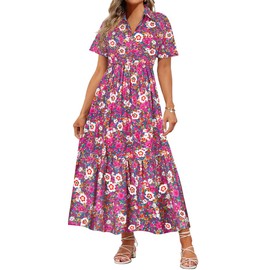 RITERA Plus Size Dress for Curvy Women Short Sleeve Button Up Floral Collared Pink Blue Beach A Line Flowy Casual Summer Tiered Cocktail Wedding Guest Boho Maxi Dresses with Pockets 5XL 28W