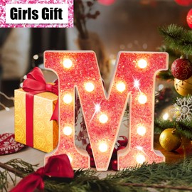 Pink Light Up Letters, Glitter Alphabet Letter Sign Pink LED Marquee Letter Lights Battery Powered for Night Light Girls Bedroom Birthday Party Wedding Home Christmas Decorations Gift for Her-Pink S