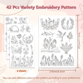 peacoblue Water Soluble Embroidery Patterns for Beginners 4 Sheets Blossoming of Plants with 33pcs Patterns, Wash Away Stick and Stitch Dissolvable Embroidery Paper for Hand Sewing Lovers Women Adult