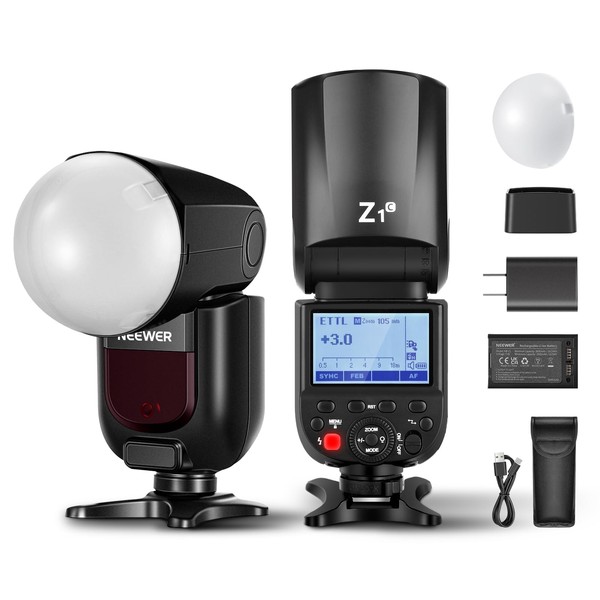 NEEWER Z1-C TTL Round Head Flash Speedlite for Canon with Magnetic Dome Diffuser, 76Ws 2.4G 1/8000s HSS Speedlight, 10 Levels LED Modeling Lamp, 2600mAh Battery, 480 Full Power Shots, 1.5s Recycling