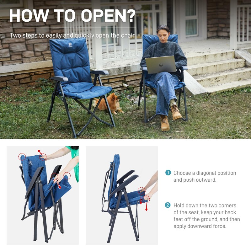 EVER ADVANCED Folding Padded Camping Chair 4 Positon Adjustable Recliner