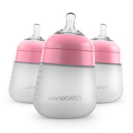 Nanobébé Biberón Flexy de Silicón 9 onzas / 270 ml Anticólicos 360°, Textura Suave Tipo Pecho Materno, Paquete de 3 Rosa