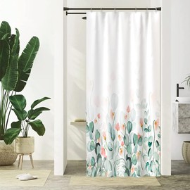 Uiiooazy Eucalyptus Shower Curtain, Green Leaves, Floral Pattern, Pink Shower Curtains, Anti-Mould, Waterproof, Polyester Fabric, Washable, Opaque, Bathroom Curtain with Hooks, 90 x 180 cm