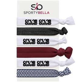 Color Guard Hair Ties Set – 6pc No-Crease Elastic Ponytail Holders with Bold Logo, Black Glitter and Maroon Band, Chevron Pattern, SportyBella Cheer and Marching Accessories