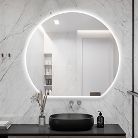 TheiaMo Half Moon LED Bathroom Mirror with Lights, 28" Frameless Backlit Mirror, Anti Fog Irregular LED Mirror with Stepless Dimmable, Semi Circle Lighted Bathroom Mirror for Wall, Explosion Proof