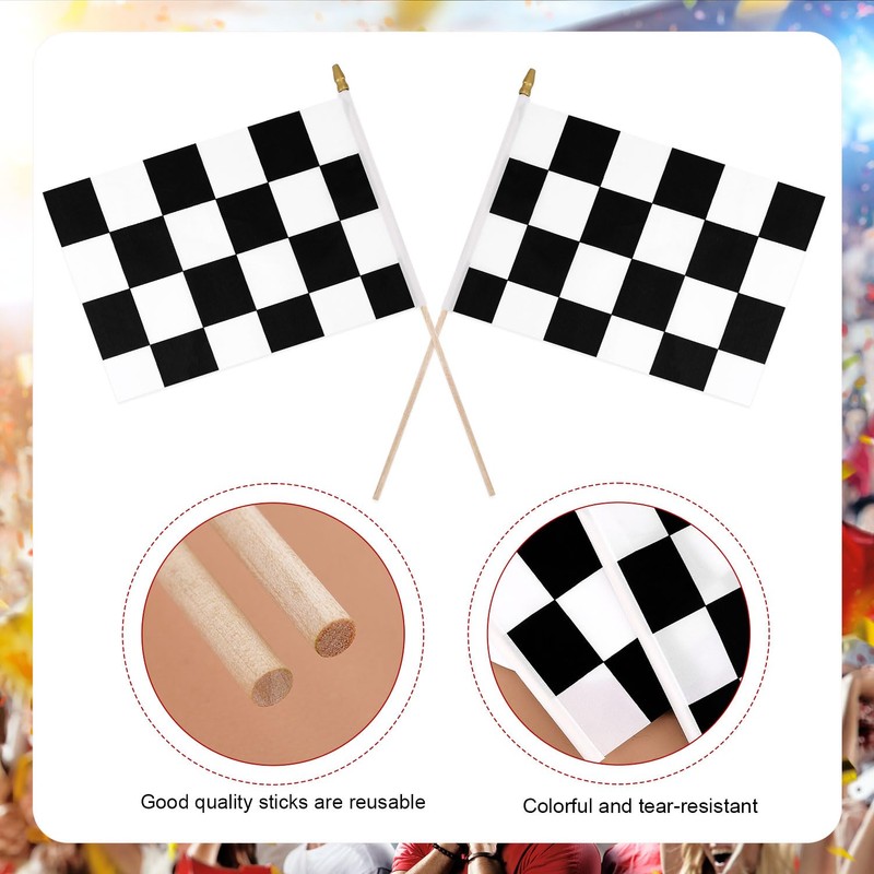 12pcs Racing Flags, 8x5.5in Small Mini Race Checkered on Sticks