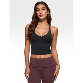 INGIA Womens V Neck Tank Tops Double Lined No Padded Spaghetti Criss Cross Strap Statement Strappy Back Casual Crop Top Black Medium