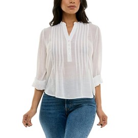 Zac & Rachel Women's 3/4 Sleeve Linen-Like Blouse with Henley Collar and Pintucking Detail, Bright White