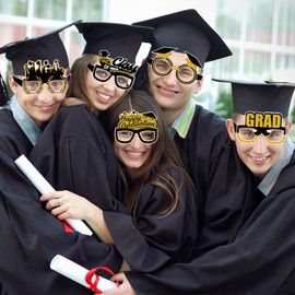 Runloon 12Pcs Graduation Eyeglasses, Black Gold Class of 2025 Graduation Paper Glasses for 2025 Graduation Party Supplies