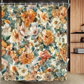 SAOLUIS - Cortina de ducha floral clásico, juego de cortinas de ducha con flores de color naranja, cortina de baño impermeable, diseño bohemio floral, para baño con ganchos, 69 x 78 pulgadas