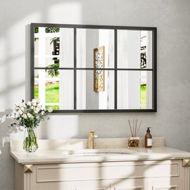 Dewfig Rectangle Wall Mirror, Window Mirror Wall Mounted, 24"x36"in Window Pane Mirrors, Large Black Mirrors for Hanging or Leaning Against Wall Bedroom Vanity Living Room Fireplace Entryway,Black