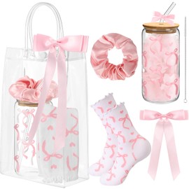 Yetene 5 Pcs Coquette Pink Bow Gift Set with 16 oz Glass Cup, Ruffle Socks, Satin Hair Scrunchie, Hair Bow Clip, Clear Gift Bag Coquette Stuff for Women Girls Friends Girlfriend Birthday Weeding