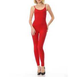 JJJ Fashion Women Catsuit Cotton Tank Spaghetti Strapped Yoga Bodysuit Jumpsuit S-Plus (Large, Red)