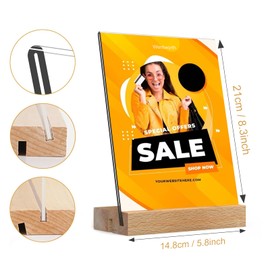 5 Pack A5 Acrylic Sign Holder Set - Double-Sided Table Display Stand with Wooden Base | Vertical & Slant Back for Wedding Menus, Table Numbers, Retail, Office, Vendor Booth (5.8 x 8.3 in）