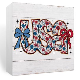 Fourth of July Decorations Memorial Day Decorations Independence Day Patriotic Decor Red White and Blue Decor, Wooden Box Sign for Home Farmhouse Office Room Table Centerpiece - USA Coquette Bow