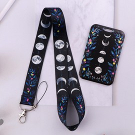 Juanooo Black Moon & Flowers Lanyard with Card Holder Cute Key Keychain for Women Girls Nurses for ID Badge Cool Teachers School Lanyard for ID Holder