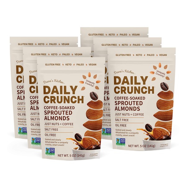 Daily Crunch Sprouted Almonds, Cinnamon Java, Packaging May Vary, 5 Ounce Multi Serve Resealable Bags, Pack of 6 - Sprouted and Dehydrated for a Unique Crunch, Keto Friendly, Non-GMO, Oil and Salt Free, Vegan, Healthy Snack