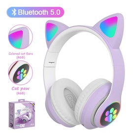 Wireless Headphones,BREIS Cat Ear LED Light Up Foldable Bluetooth Headphone for Kids,Over-Ear Adjustable Stereo Girls and Boys Headsets with Microphone,Gifts for cat Lovers