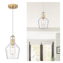 Emliviar 11 Inch Farmhouse Pendant Light Fixture, 1-Light Hanging Kitchen Lighting with Seeded Glass, Brushed Gold Finish, DYE286G2-MIL BG