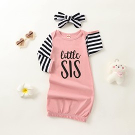 ATCTBOGFS Newborn Baby Girl Little Sister Sleeper Gown Stripe Long Sleeve Nightgown Pajamas Gifts Stuff Essential Valentine Outfit Pink