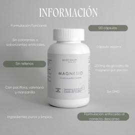 Glicinato de magnesio 400mg | Vegano | 100% Puro | 120 cápsulas | con valeriana, pasiflora y manzanilla | BARCENA HEALTH