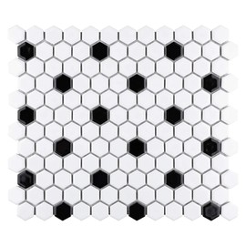 Tenedos USCT 1x1 Hexagon White with Black Dot Matte (Exact Hex Size 7/8") Porcelain Mosaic Floor Wall Tile Backsplash (5 Sheets/case) for Kitchen, Bathroom Shower, Accent Decor, Fireplace, Flooring