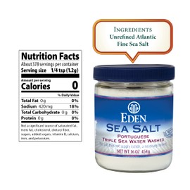 Eden Eden Sea Salt, Hand Harvested Portuguese, Triple Sea Water Washed, Fine Grind, 82 Trace Minerals, Glass Jar, 16 oz (1lb)