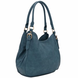 Light-weight 3 Compartment Faux Leather Medium Hobo Bag (Blue-Grey)