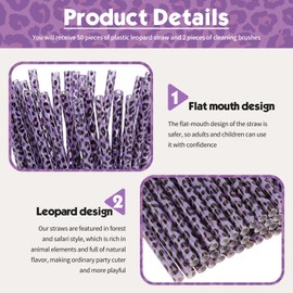 25 Pcs Reusable Leopard Straws with Cleaning Brushes, Purple