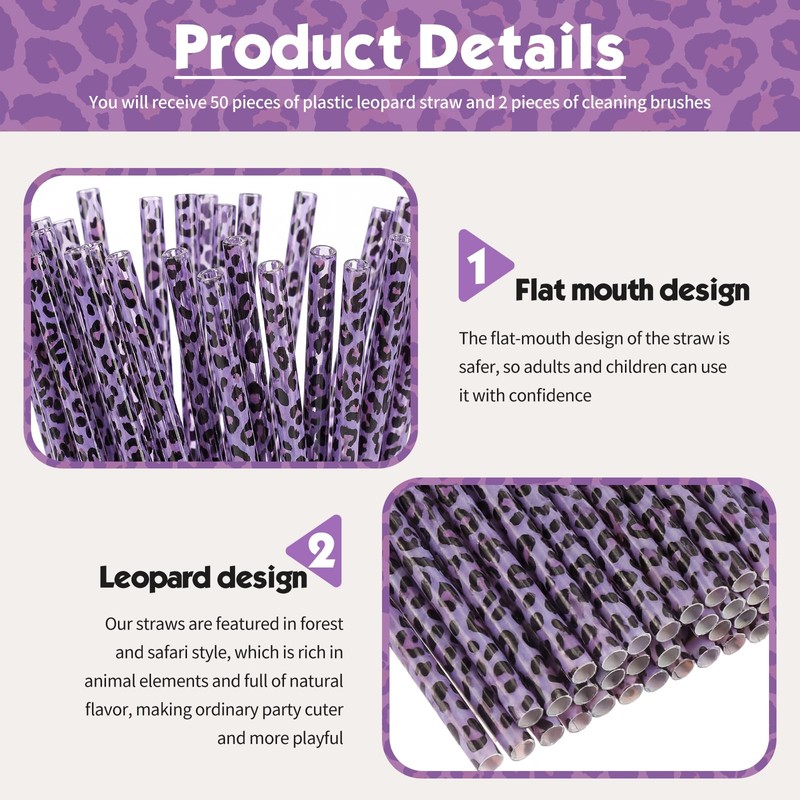 25 Pcs Reusable Leopard Straws with Cleaning Brushes, Purple
