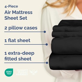 Air Mattress Sheet Set for Full Size - 4 Piece Breathable & Cooling Sheets w/ Extra Deep Pockets - Fits Inflatable & Blow Up Air Mattresses Up to 24 Inches Thick - Ultra Soft & Wrinkle Free - Black
