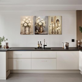 Kitchen Wall Art 3 Pcs Vintage Canvas Fork Knife Spoon Picture Retro White Flower in Pot Painting Print Arkwork for Dining Room Restaurant Home Decor Framed(Art-4,11.00"x14.00"x3P)