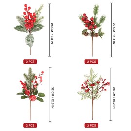 Songjum 8 Pack Artificial Christmas Branches Assorted Christmas Branches for Decoration, Red Berry Christmas Decorations with Pinecone Pine Needle for Christmas Wreaths Home Vase Decor