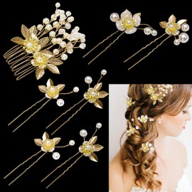 7 Pcs Gold Leaves Flowers and Crystal Pearl Bridal Hair Accessories Exquisite Vintage Hair Ornaments Unique Accessories for Wedding Party Prom Women