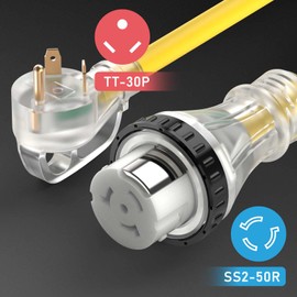 TOOLIOM 30 Amp to 50 Amp RV Power Adapter, 50Amp to 30Amp RV Plug, NEMA TT-30P Male to SS2-50R Female with Handle Grip 12 Inch STW 10 Gauge Dogbone Electrical Plug Converter for Camper RV Trailer